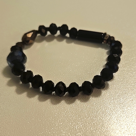 Handcrafted Jewelry - Black Obsidian & Smoky Quartz Strachy Beaded Bracelet.